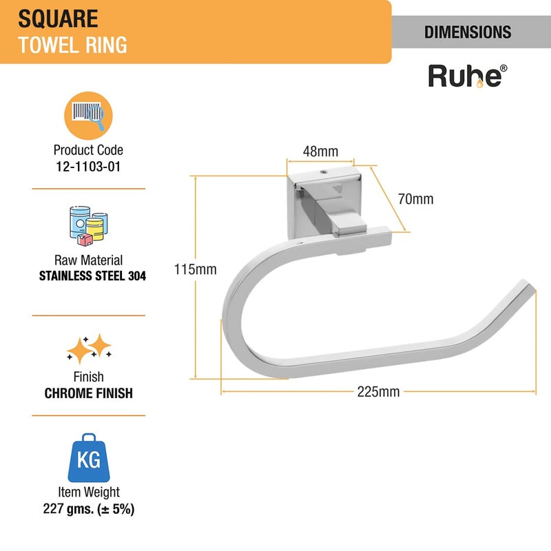 RUHE Ruhe® Square Towel/Napkin Ring | 304 Grade Stainless Steel Wall Mounted Square Towel Ring/Napkin Ring (Chrome Finish)  - Image 3