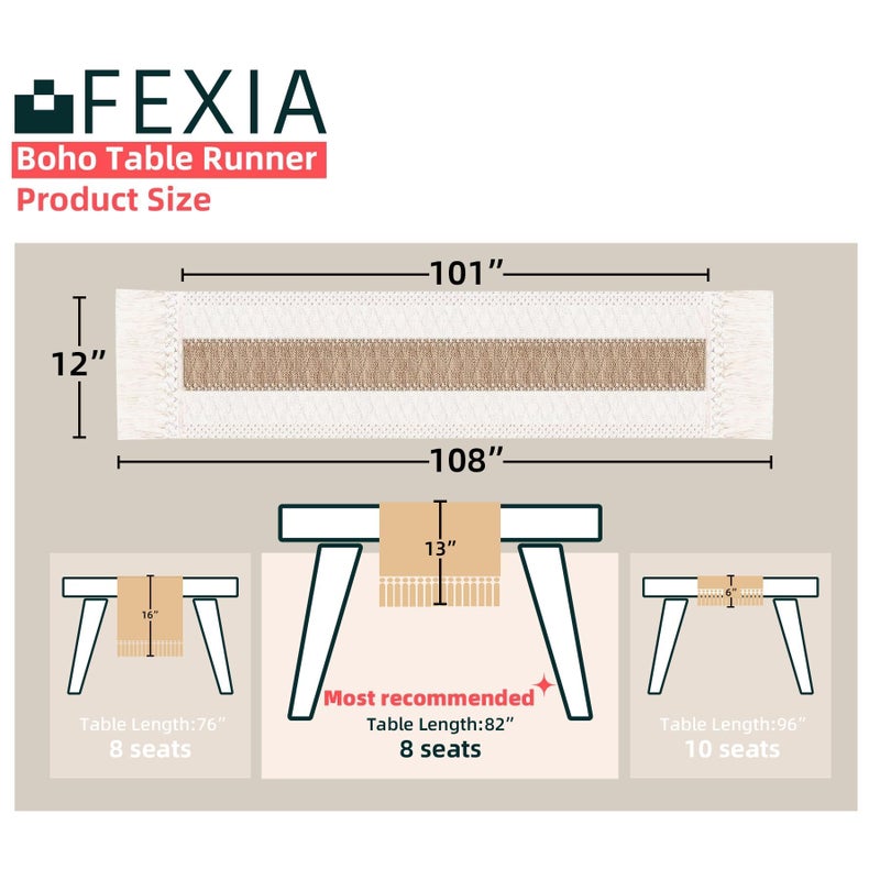 FEXIA Boho Table Runner 108 Inches Long for Christmas ThanksgivingHome Decor Farmhouse Table Runner Cream & Brown Rustic Macrame for Bohemian Dining Bedroom Decor Bridal Shower (12x108 Inches) - Image 2