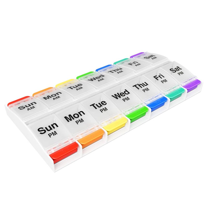 EZY DOSE Push Button (7-Day) Pill Case, Medicine Planner, Vitamin Organizer, 2 Times a Day, AM/PM Container, X-Large Compartments, Arthritis Friendly, Easy to Use, Clear Lids, Rainbow, BPA Free - Image 1