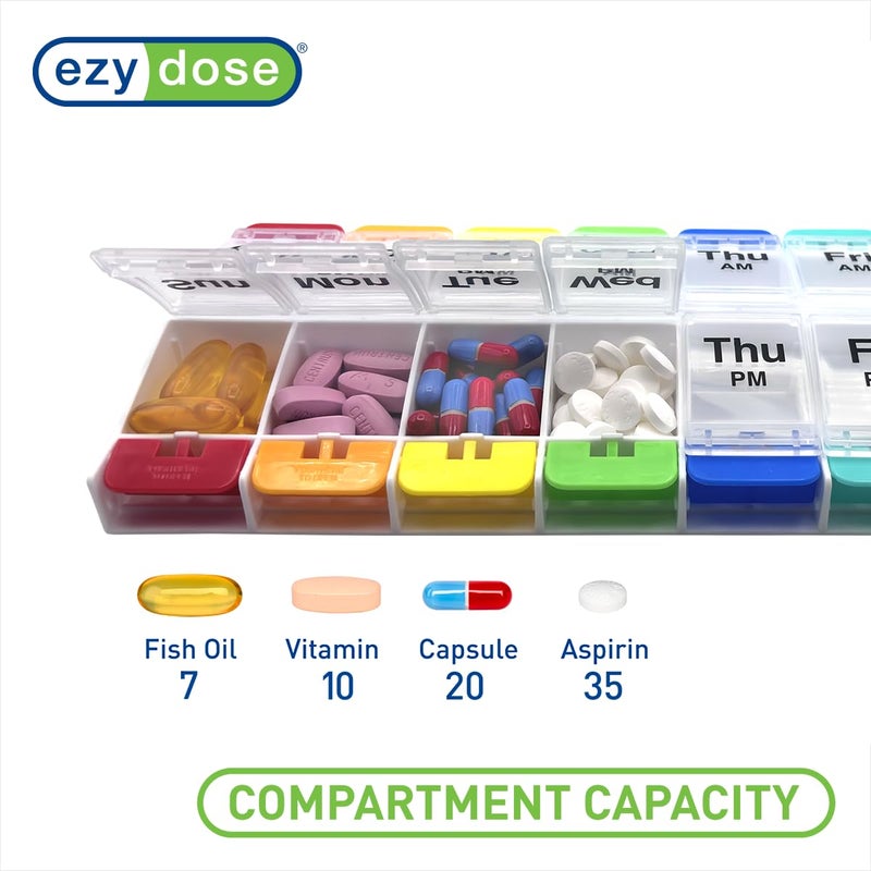 EZY DOSE Push Button (7-Day) Pill Case, Medicine Planner, Vitamin Organizer, 2 Times a Day, AM/PM Container, X-Large Compartments, Arthritis Friendly, Easy to Use, Clear Lids, Rainbow, BPA Free - Image 3
