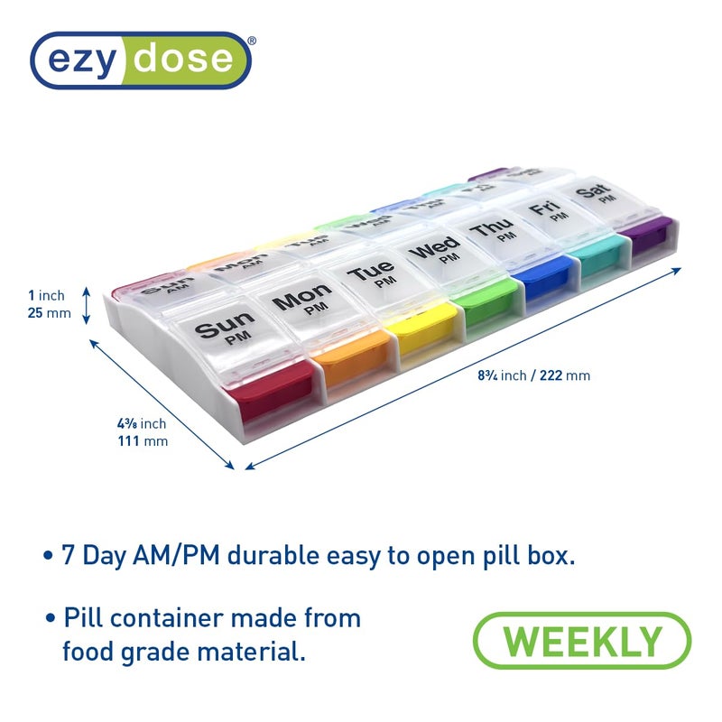EZY DOSE Push Button (7-Day) Pill Case, Medicine Planner, Vitamin Organizer, 2 Times a Day, AM/PM Container, X-Large Compartments, Arthritis Friendly, Easy to Use, Clear Lids, Rainbow, BPA Free - Image 2