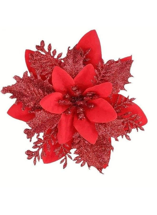 Kandid 6 قطع زهور الكريسماس المتلألئة زينة شجرة الكريسماس متعددة الألوان ديكورات منزل الكريسماس زهور صناعية خارجية 13.97 سم (أحمر) - Image 1