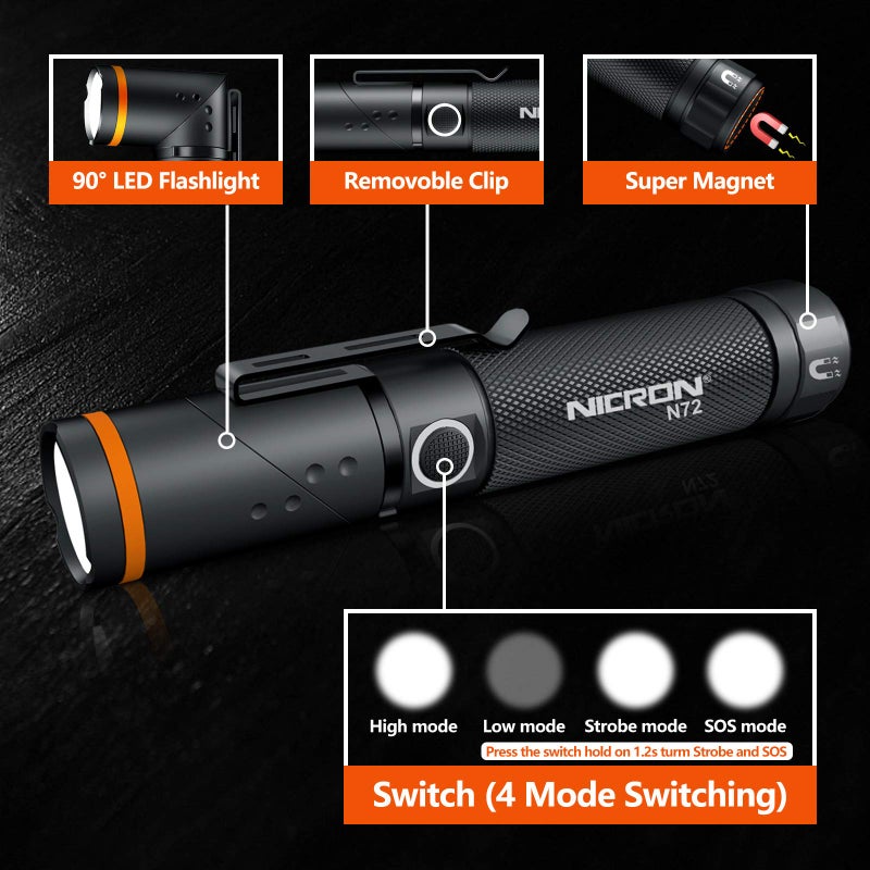 NICRON Flashlight, N72 800 Lumens Tactical Flashlight, 90 Degree Flashlight IPX4 Waterproof Led Flashlight 4 Modes- Best High Lumens are for Camping, Outdoor,Maintain (18650/AAA Not Included) - Image 3