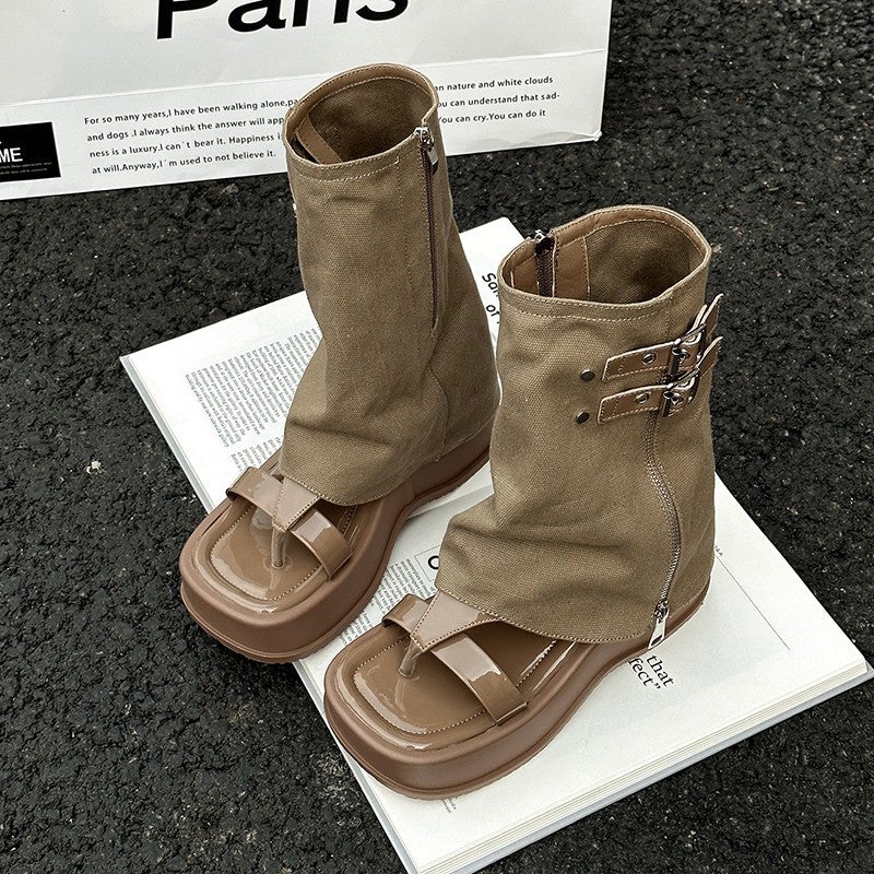 Internet Popular Design Sense Niche Trousers Boots Sandals Women'S Summer Denim Short Boots Thick Bottom Low Boots - Image 1