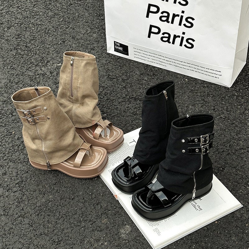 Internet Popular Design Sense Niche Trousers Boots Sandals Women'S Summer Denim Short Boots Thick Bottom Low Boots - Image 5