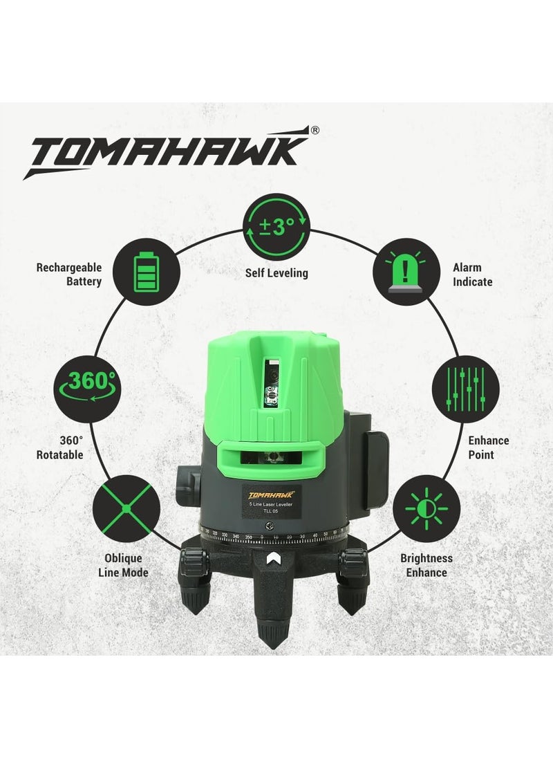 Tomahawk - TOMAHAWK Professional TLLB05N 5 Line 3D Horizontal and Vertical Green Laser Cross Self Leveling Laser Level Waterproof Rechargeable - Image 1