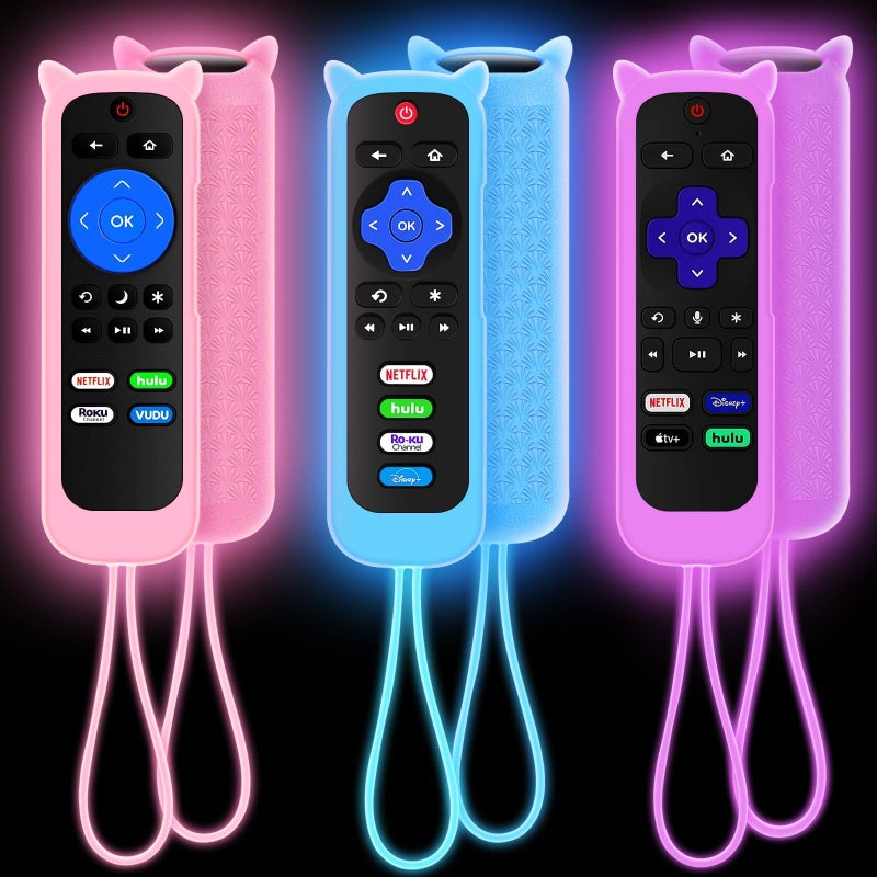 SOTATOO 3Pack Remote Cover for Roku, Compatible with Hisense/TCL Roku TV Steaming Stick/Express, Silicone Protective Controller Universal Sleeve Skin Glow in The Dark Purple Blue Pink - Image 1