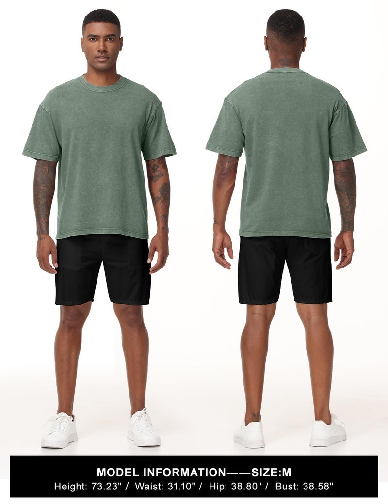 Eisctnd 4 Pack Men's Oversized T-Shirts Heavy Cotton Vintage Tee, Loose Fit Baggy Short Sleeve Casual Streetwear Unisex Tops(4-Black+Beige+Grey+Green-L) - Image 4