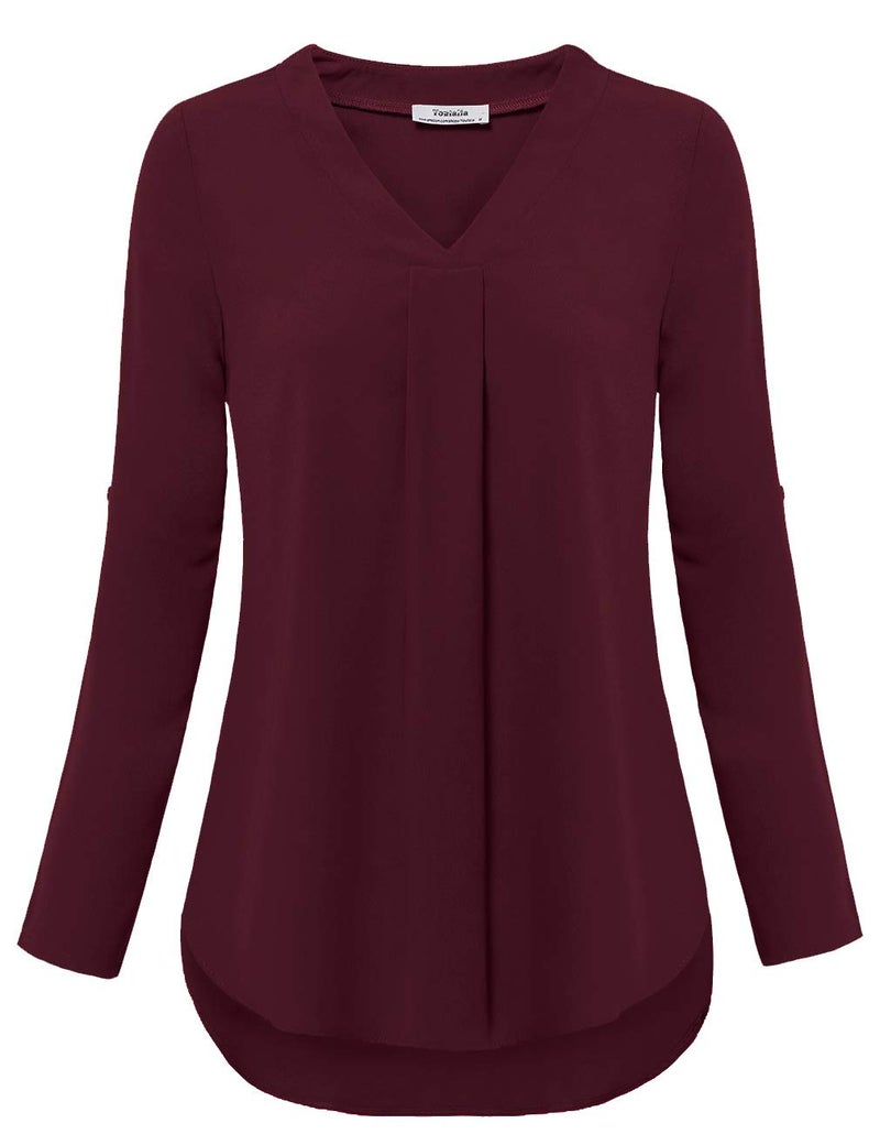 Youtalia Womens Dress Blouses for Work: 3/4 Sleeve Chiffon Tunic Shirts - Ladies Pleated Tops for Leggings - Western Tunic Tops for Office Dark Red S - Image 4