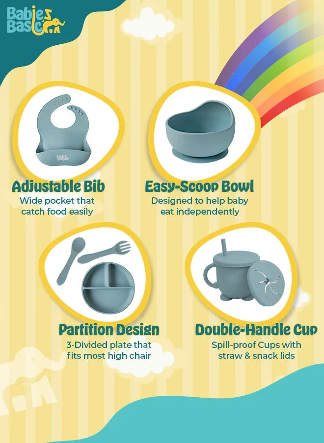 Babies Basic BabiesBasic Feeding Set, 6 Piece, Silicone Plate, Bowl, Bib, Spoon , Fork and  2 in 1 Cup - Indigo