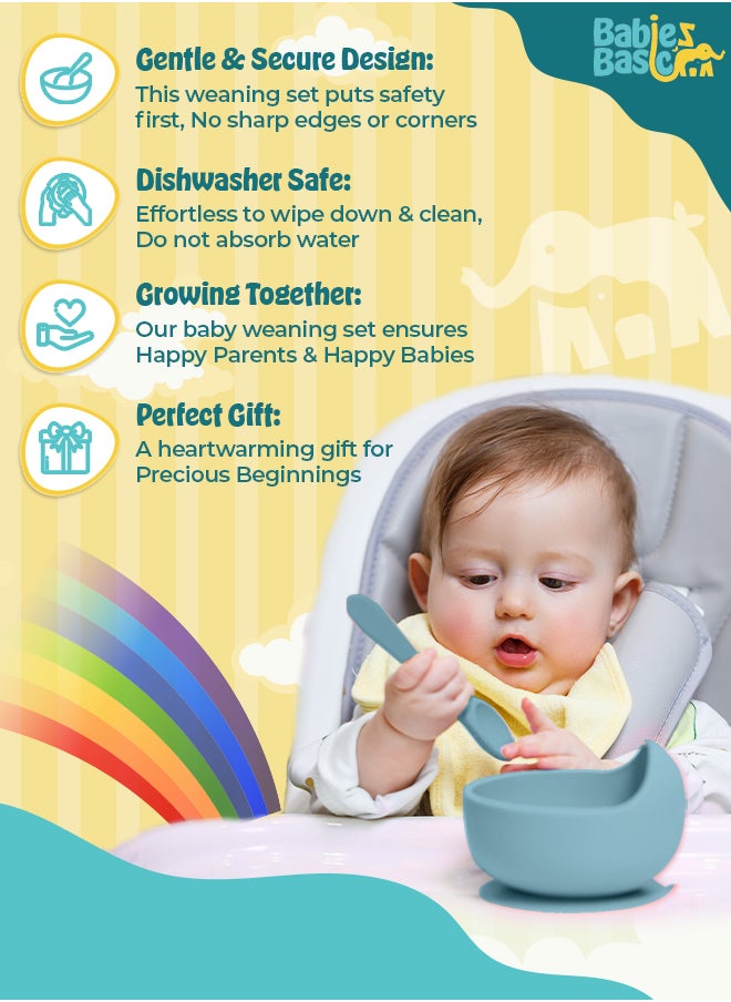 Babies Basic BabiesBasic Feeding Set, 6 Piece, Silicone Plate, Bowl, Bib, Spoon , Fork and  2 in 1 Cup - Indigo  - Image 2