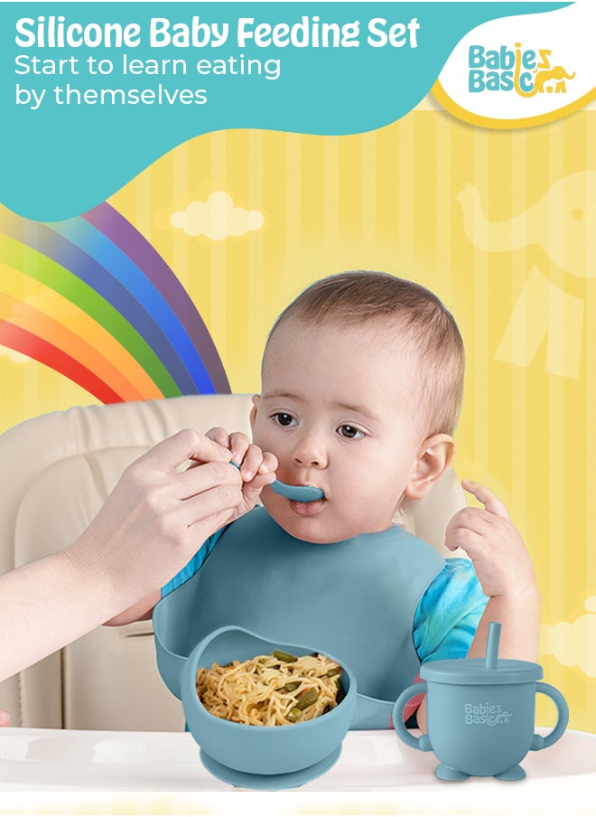 Babies Basic BabiesBasic Feeding Set, 6 Piece, Silicone Plate, Bowl, Bib, Spoon , Fork and  2 in 1 Cup - Indigo  - Image 3