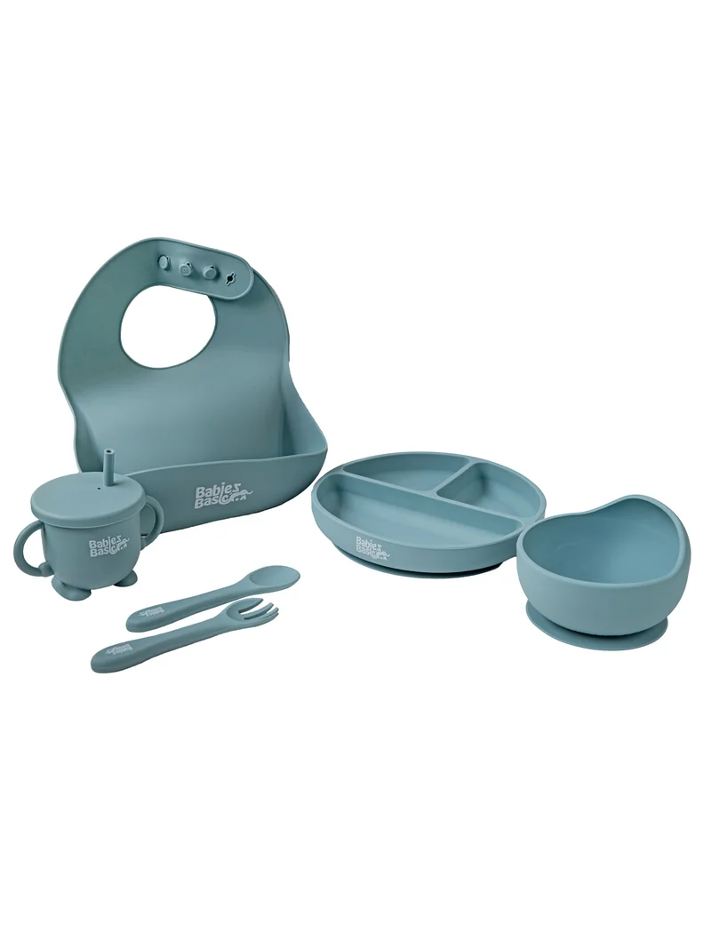 Babies Basic BabiesBasic Feeding Set, 6 Piece, Silicone Plate, Bowl, Bib, Spoon , Fork and  2 in 1 Cup - Indigo