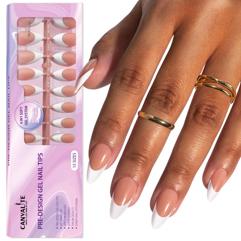 Canvalite French Tip Press on Nails Gel Nail Tips - 300Pcs Pre-Colored Quick and Easy Press on Nails Almond Fake Nails with Designs DIY Nail Extensions, Nude White - Image 1