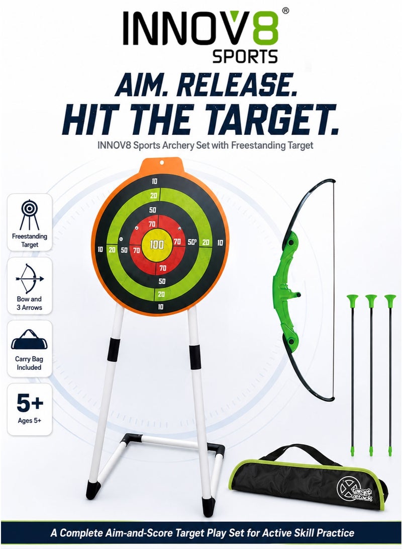 INNOV8 Sports Kids Archery Set with Freestanding Colour-Coded Scoring Target, Green-and-Black Toy Bow, 3 Suction-Cup Arrows, Adjustable Shoulder Carry Bag, Approx. 98 cm Target Stand, Aim-and-Score Accuracy, Focus and Hand-Eye Coordination Activity for Boys and Girls Ages 5+ - Image 1