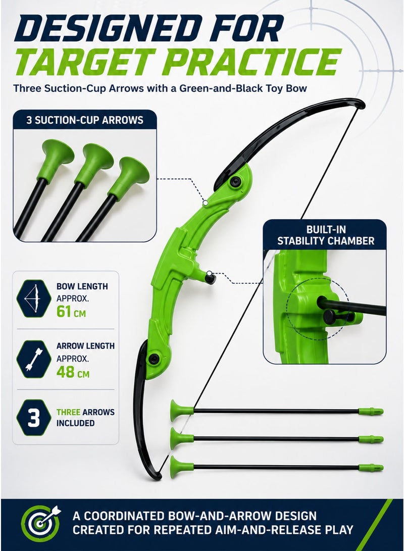 INNOV8 Sports Kids Archery Set with Freestanding Colour-Coded Scoring Target, Green-and-Black Toy Bow, 3 Suction-Cup Arrows, Adjustable Shoulder Carry Bag, Approx. 98 cm Target Stand, Aim-and-Score Accuracy, Focus and Hand-Eye Coordination Activity for Boys and Girls Ages 5+ - Image 3