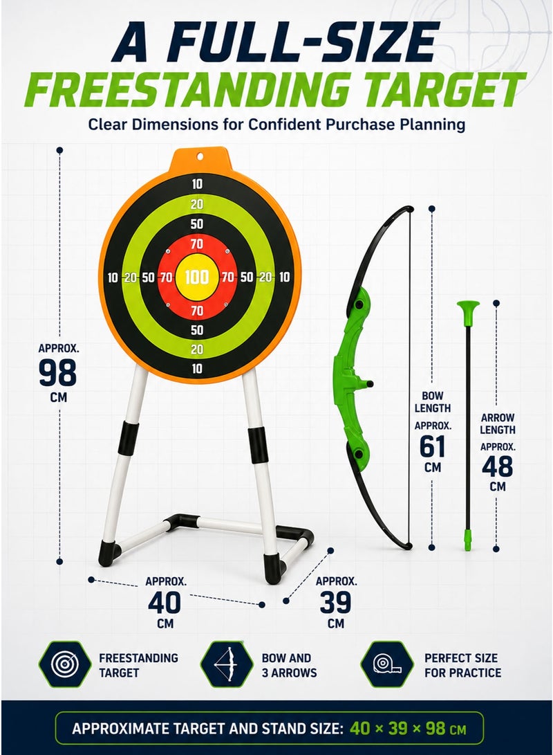 INNOV8 Sports Kids Archery Set with Freestanding Colour-Coded Scoring Target, Green-and-Black Toy Bow, 3 Suction-Cup Arrows, Adjustable Shoulder Carry Bag, Approx. 98 cm Target Stand, Aim-and-Score Accuracy, Focus and Hand-Eye Coordination Activity for Boys and Girls Ages 5+ - Image 4