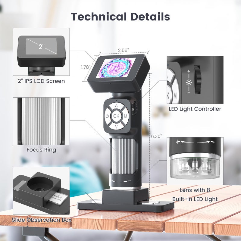 عدة مجهر محمول صغير AD112 بقوة تكبير 500X وشاشة LCD بحجم 2 بوصة، مجهر رقمي يدوي مزود بـ 8 مصابيح LED قابلة للتعديل ويدعم توصيل USB بالكمبيوتر للأطفال والكبار - Image 3