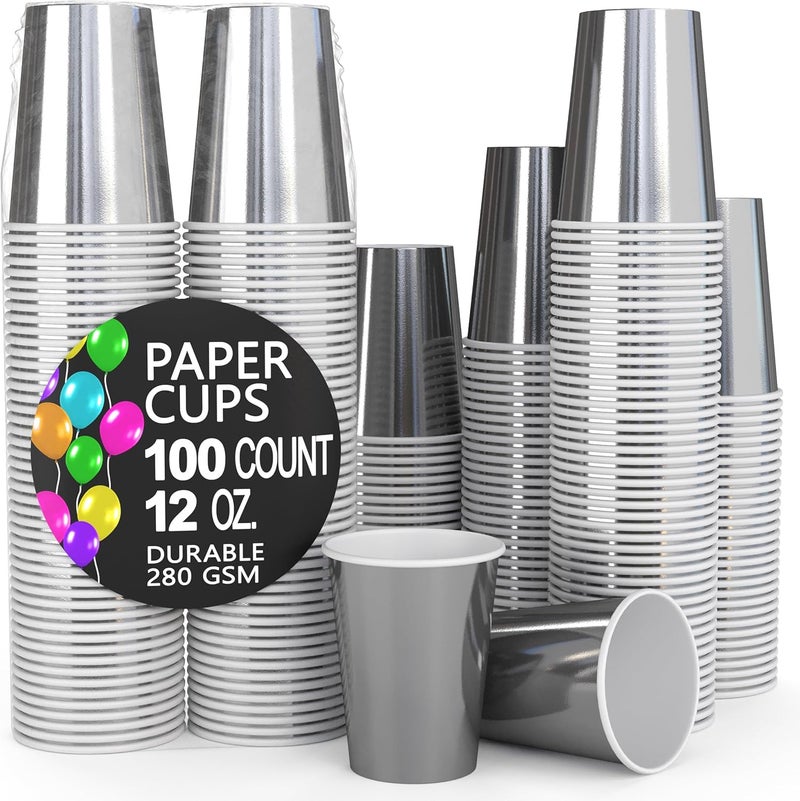 Party Solids Silver Paper Cups 12 oz Durable Disposable Cups 100 Paper Tumblers for Hot Drinks and Cold Drinks Thick 280 GSM Hot Cup for Tea & Coffee Cup To Go Fun Colors for Parties & Events - Image 1