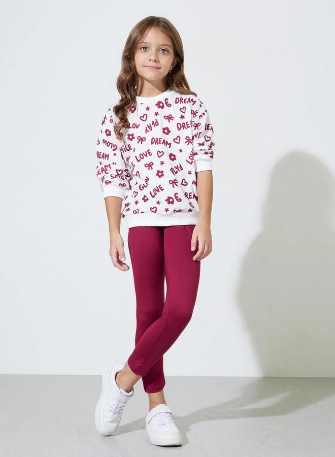 Styli Girls White All Over Print Sweatshirt and Burgundy Solid Leggings Set