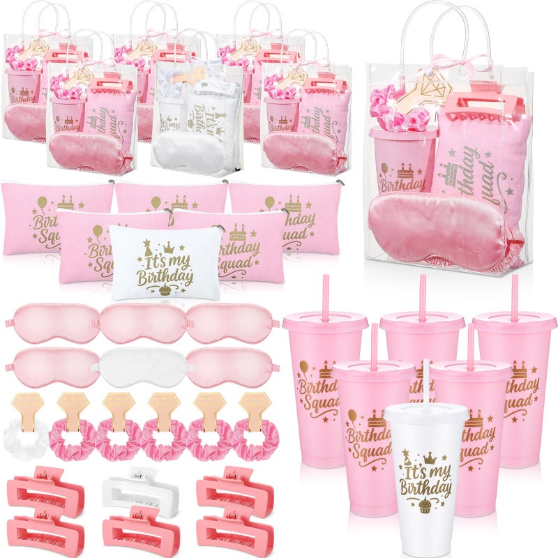 Ferrochef 6 Sets Birthday Squad Party Favors for Women Birthday Squad Cups Tumblers with Lids Straws Makeup Bags Satin Eye Masks Hair Clips Hair Scrunchies for Spa Sleepover Accessories(Pink White) - Image 1