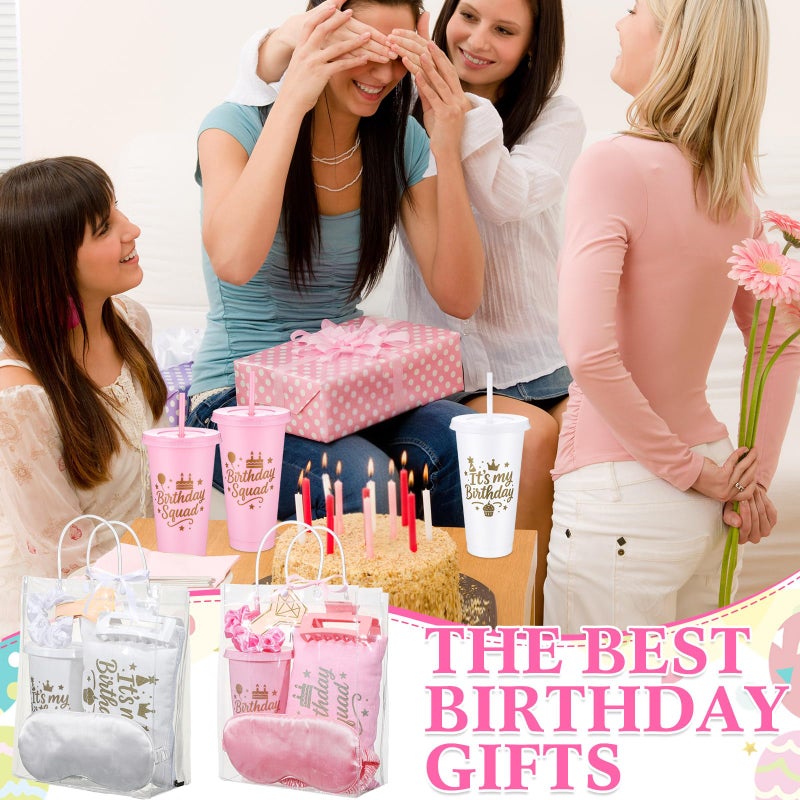 Ferrochef 6 Sets Birthday Squad Party Favors for Women Birthday Squad Cups Tumblers with Lids Straws Makeup Bags Satin Eye Masks Hair Clips Hair Scrunchies for Spa Sleepover Accessories(Pink White) - Image 4