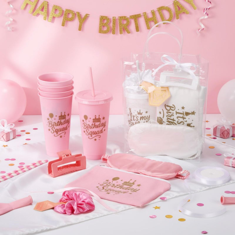 Ferrochef 6 Sets Birthday Squad Party Favors for Women Birthday Squad Cups Tumblers with Lids Straws Makeup Bags Satin Eye Masks Hair Clips Hair Scrunchies for Spa Sleepover Accessories(Pink White) - Image 3