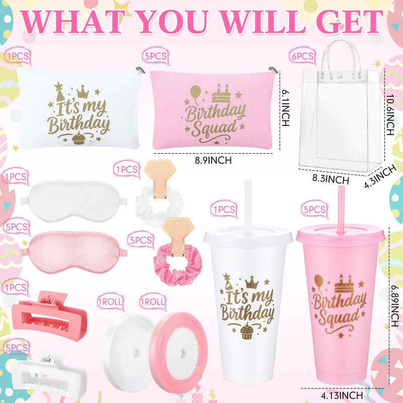 Ferrochef 6 Sets Birthday Squad Party Favors for Women Birthday Squad Cups Tumblers with Lids Straws Makeup Bags Satin Eye Masks Hair Clips Hair Scrunchies for Spa Sleepover Accessories(Pink White) - Image 2
