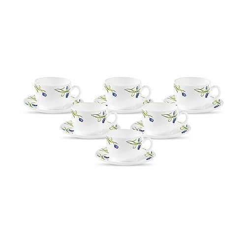 La Opala Diva, Pearl Collection Opal Glass Crockery | Cup & Saucer, Set of 12 | Turquoise Trims, 160 ml | for Tea & Coffee | Microwave Safe | 100% Vegetarian | Extra Strong | Super Light | Super White - Image 1