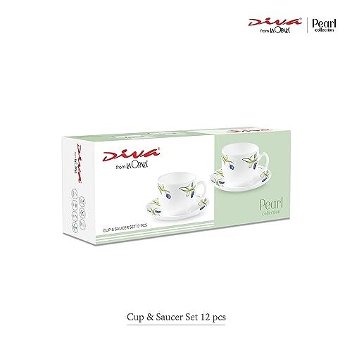 La Opala Diva, Pearl Collection Opal Glass Crockery | Cup & Saucer, Set of 12 | Turquoise Trims, 160 ml | for Tea & Coffee | Microwave Safe | 100% Vegetarian | Extra Strong | Super Light | Super White - Image 4