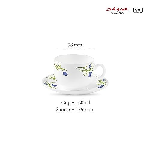 La Opala Diva, Pearl Collection Opal Glass Crockery | Cup & Saucer, Set of 12 | Turquoise Trims, 160 ml | for Tea & Coffee | Microwave Safe | 100% Vegetarian | Extra Strong | Super Light | Super White - Image 2