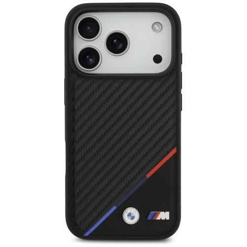 CG MOBILE حافظة حماية CG MOBILE BMW [مرخصة رسمياً] مصممة لجهاز iPhone 17 Pro | متوافقة مع Mag-Safe | مجموعة M | حافظة جلدية PU كربونية مع خطوط ثلاثية الألوان وشعارات معدنية - أسود - Image 3