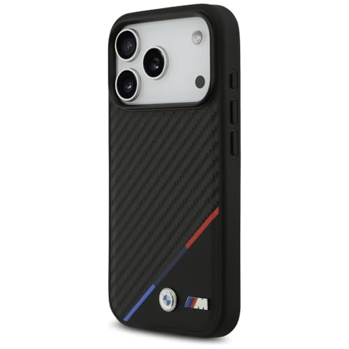 CG MOBILE حافظة حماية CG MOBILE BMW [مرخصة رسمياً] مصممة لجهاز iPhone 17 Pro | متوافقة مع Mag-Safe | مجموعة M | حافظة جلدية PU كربونية مع خطوط ثلاثية الألوان وشعارات معدنية - أسود - Image 2