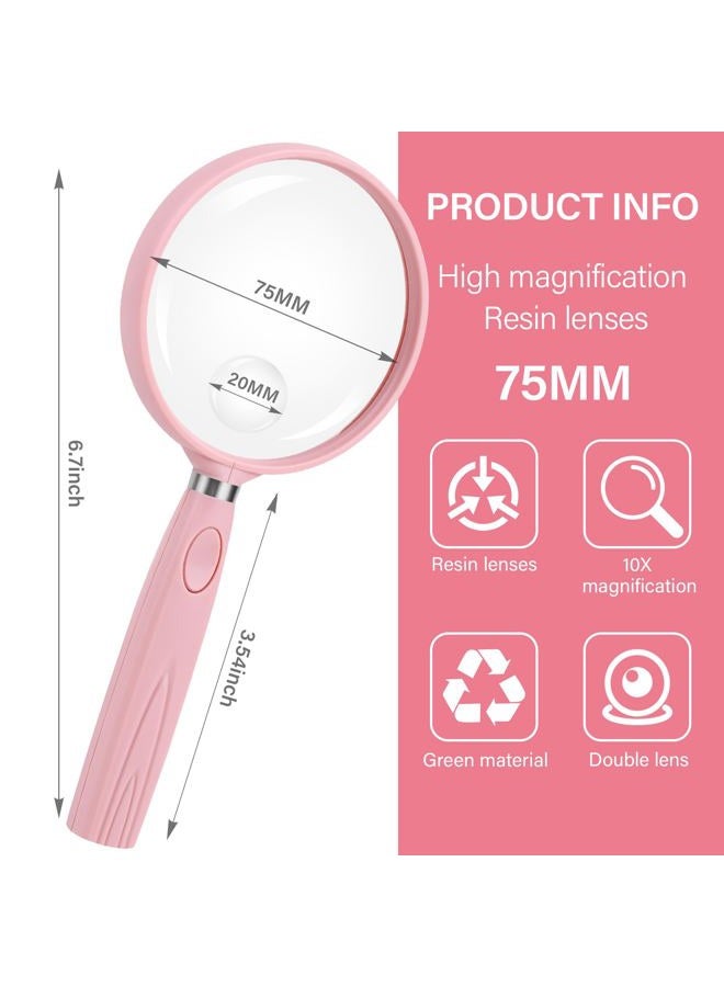 Feosky Handheld Reading Magnifier, 10X 30X Magnifier, 75mm Shatterproof Lens, Rubbery with Non-Slip Soft Handle for Seniors Reading and Kids Nature Exploration, Insect and Hobby Observation (Pink) - Image 2