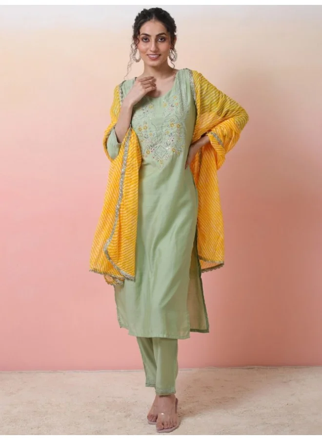 أيه كيه إس Embroidered Regular Thread Work Chanderi Silk Kurta & Trousers With Dupatta