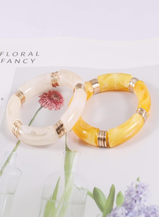PIPITREE Bamboo Tube Bangles Bracelet For Women ，Chunky Curved Stacking Clear Acrylic Colorful Beads Stretchable Gold Bracelets Friendship Summer Beach Jewelry - Image 5