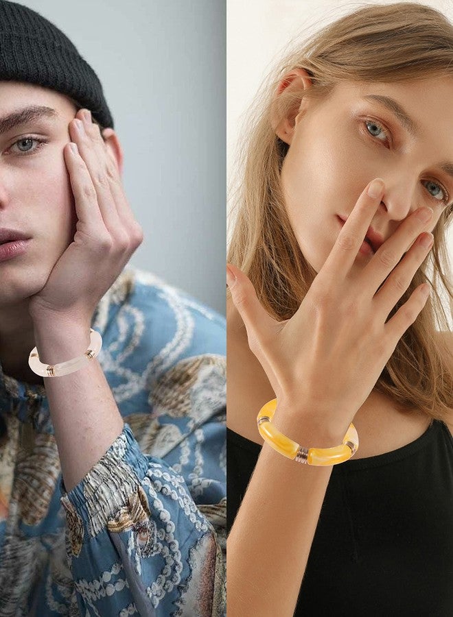 PIPITREE Bamboo Tube Bangles Bracelet For Women ，Chunky Curved Stacking Clear Acrylic Colorful Beads Stretchable Gold Bracelets Friendship Summer Beach Jewelry - Image 3