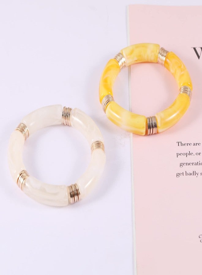 PIPITREE Bamboo Tube Bangles Bracelet For Women ，Chunky Curved Stacking Clear Acrylic Colorful Beads Stretchable Gold Bracelets Friendship Summer Beach Jewelry - Image 4