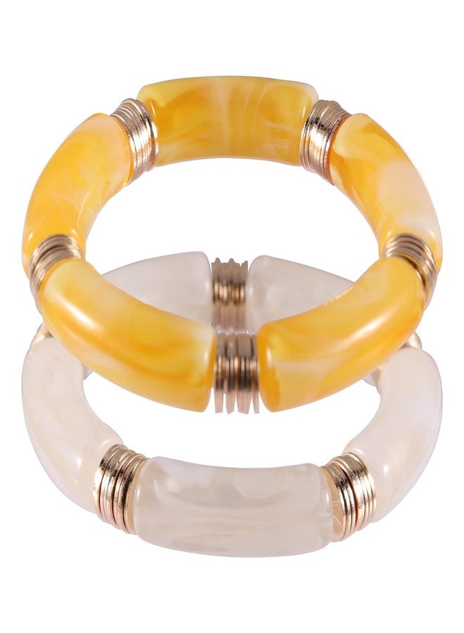 PIPITREE Bamboo Tube Bangles Bracelet For Women ，Chunky Curved Stacking Clear Acrylic Colorful Beads Stretchable Gold Bracelets Friendship Summer Beach Jewelry - Image 1