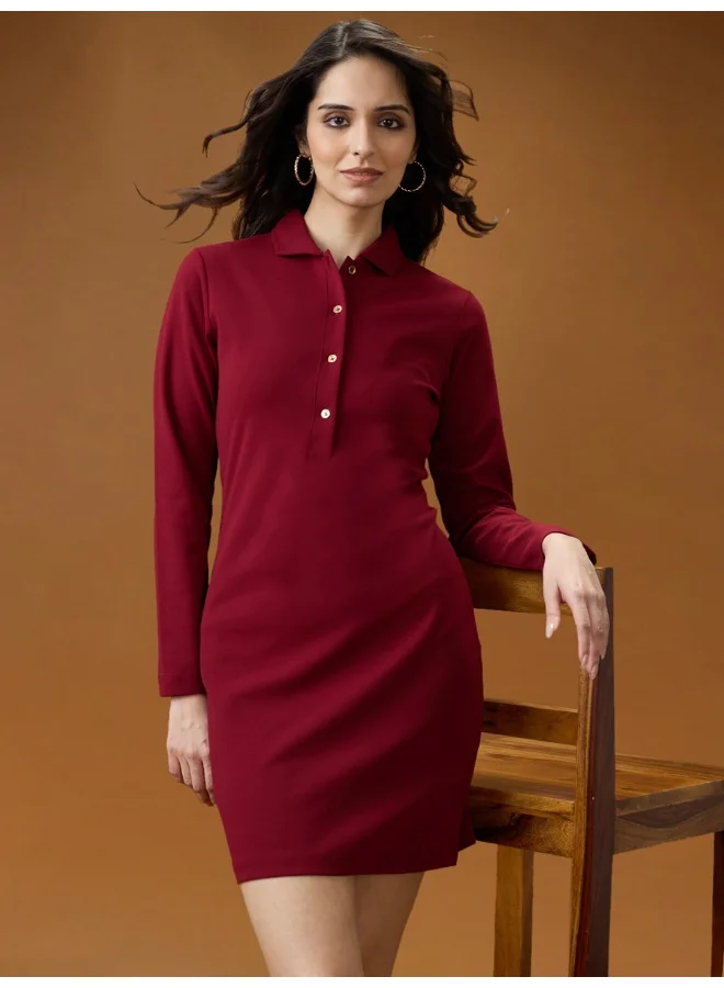 globus Globus Women Maroon Shirt Collar Long Sleeves Solid Mini Bodycon Workwear Dress