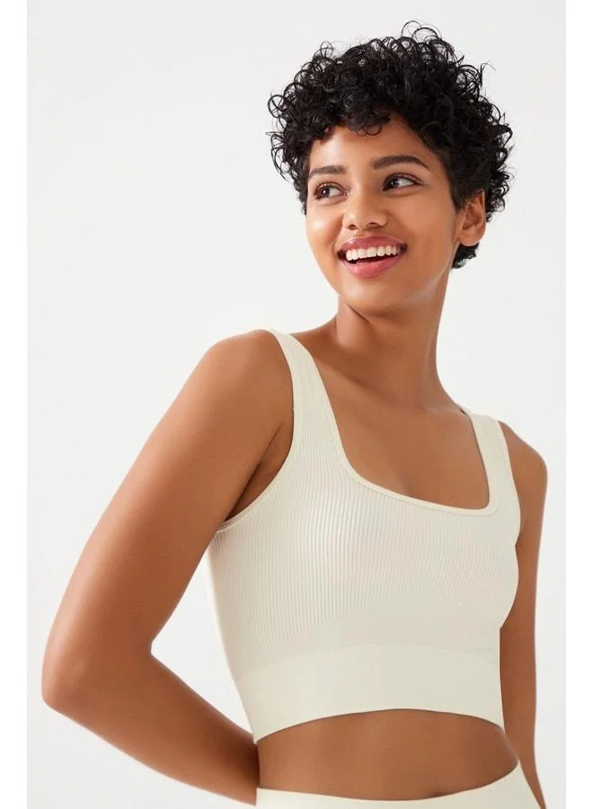 Los Ojos Women's Beige Strappy Ribbed Square Neck Crop Top Bustier.