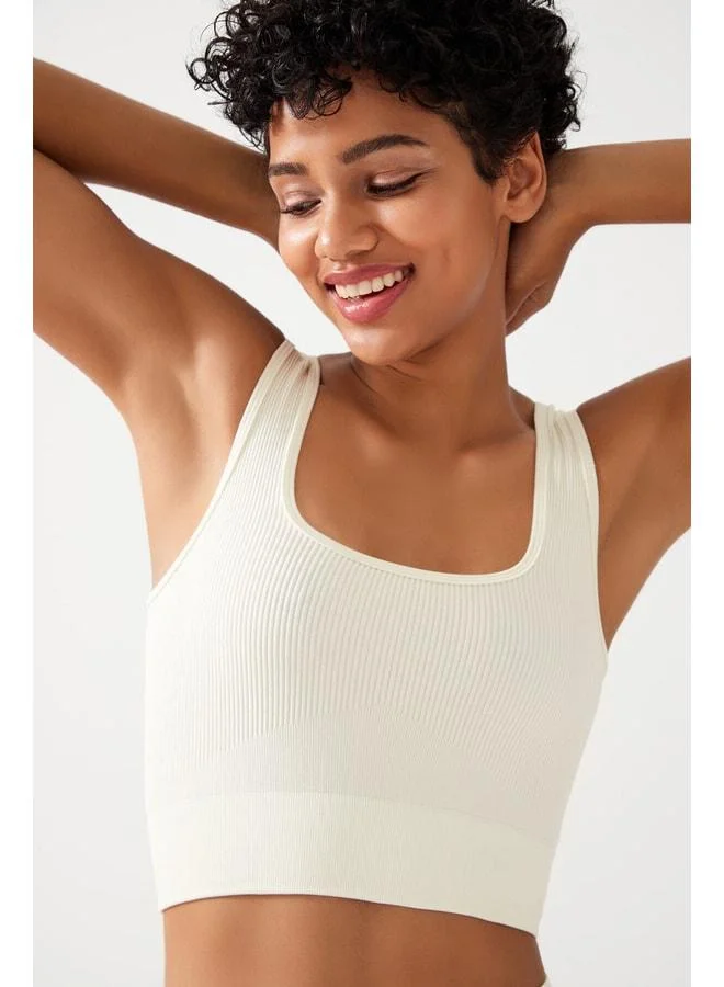 Los Ojos Women's Beige Strappy Ribbed Square Neck Crop Top Bustier.