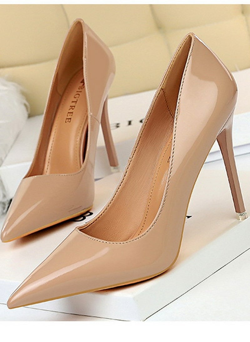 بيج تري Women's Fashionable Shiny Stiletto Pumps 10.5cm Elegant Gorgeous Closed Pointed Toe Slip On Solid High Heels Light Brown - Image 2