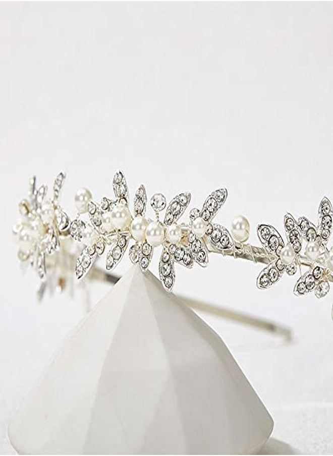 SWEETV - Rhinestone Bridal Headband Silver Crystal Tiara For Women Pearl Wedding Headpieces For Bride Hair Accessories For Prom Birthday Party - Image 1
