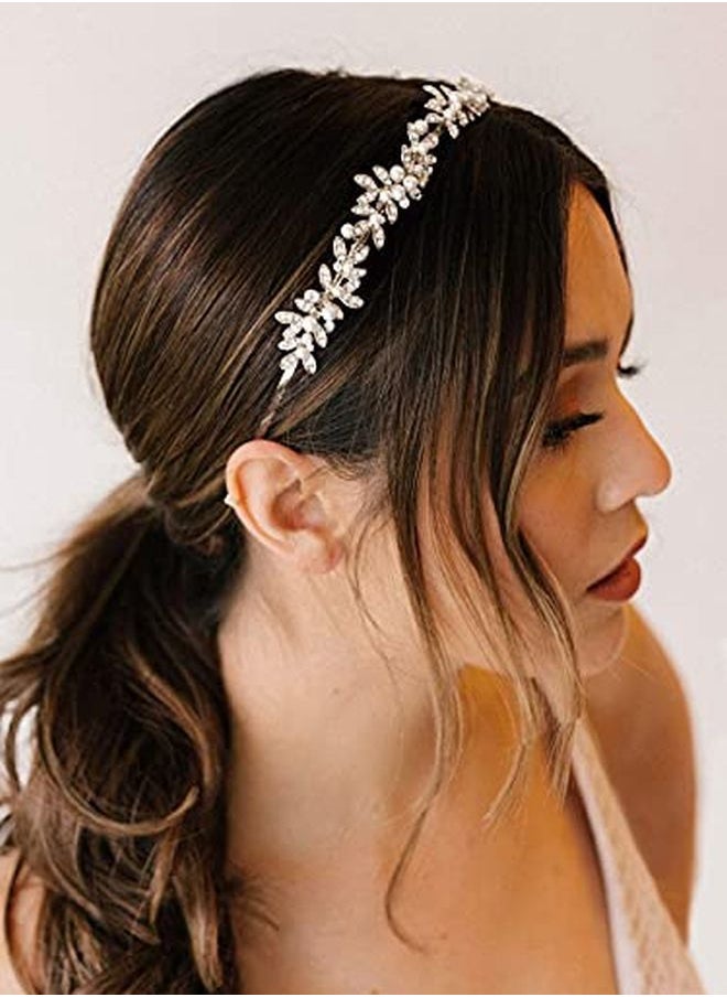 SWEETV - Rhinestone Bridal Headband Silver Crystal Tiara For Women Pearl Wedding Headpieces For Bride Hair Accessories For Prom Birthday Party - Image 1