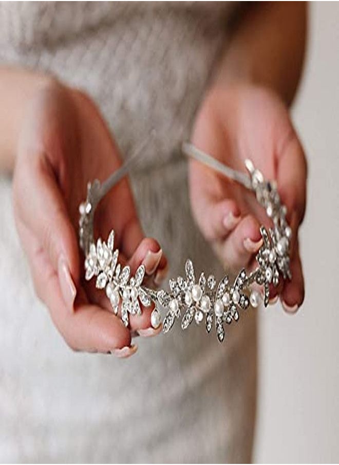SWEETV - Rhinestone Bridal Headband Silver Crystal Tiara For Women Pearl Wedding Headpieces For Bride Hair Accessories For Prom Birthday Party - Image 1