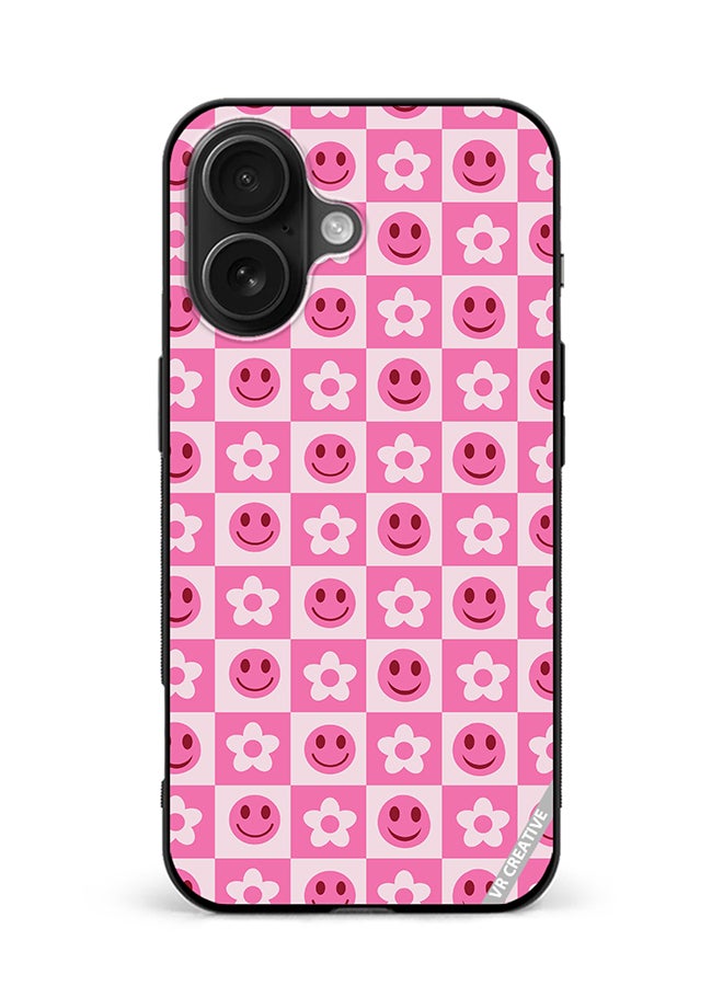 VR CREATIVE Protective Case Cover For Apple iPhone 16 Checkered Hot Pink Retro Flowers And Happy Faces Seamless Pattern Design Multicolour