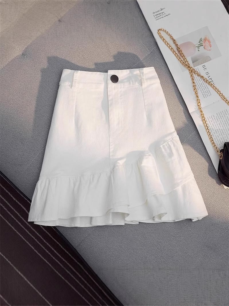 Irregular Ruffle Skirt 2024 Autumn High Waist A- Shaped Hip Slim White Denim Skirt Women'S Anti-Light - Image 5