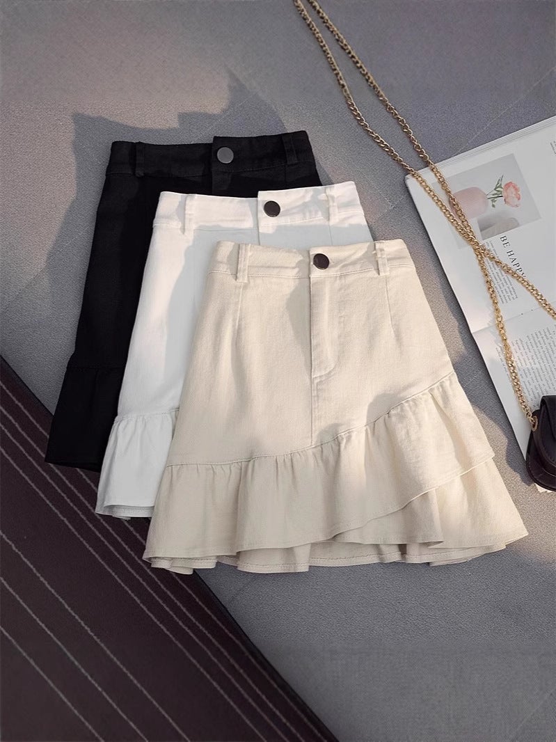 Irregular Ruffle Skirt 2024 Autumn High Waist A- Shaped Hip Slim White Denim Skirt Women'S Anti-Light - Image 3
