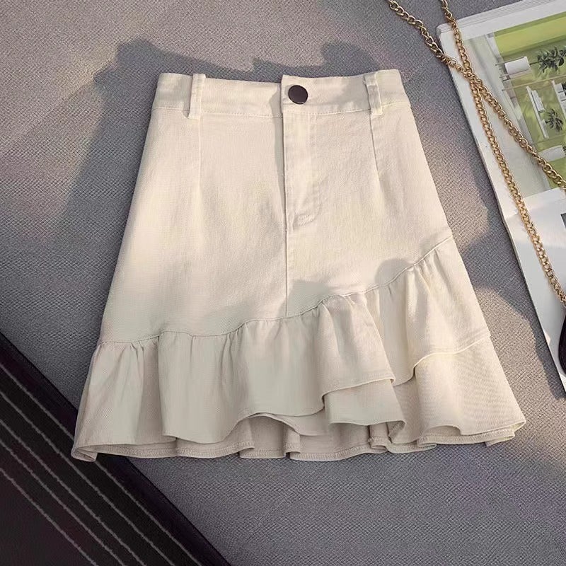 Irregular Ruffle Skirt 2024 Autumn High Waist A- Shaped Hip Slim White Denim Skirt Women'S Anti-Light - Image 1